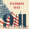 Patriot Day in USA square banner. Card with the American flag, the silhouette of the city and twin towers. Vector grunge