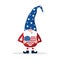 Patriotic american gnome. Cute scandinavian dwarf with heart. Elf celebrate Independence day in the United States. Happy