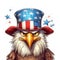 Patriotic bald eagle, cartoon style, wearing a 4th of July holiday hat with the stars and stripes flag. Textured, hand painted