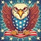 Patriotic bald eagle clasping a red and white striped banner. Retro toned vintage style character with US flag theme for 4th of