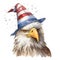 Patriotic bald eagle dressed for a 4th of July party. Beautiful bird character in watercolour style. Head closeup. Generative AI