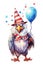 Patriotic bald eagle dressed for a 4th of July party and carrying a balloon. Comical cartoon character in watercolour style.