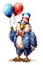 Patriotic bald eagle dressed for a 4th of July party and carrying a balloon. Comical cartoon character in watercolour style.