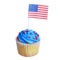 Patriotic cupcake with American Flag and blue cream and red stars sprinkles on the top, isolated on white background.