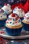 patriotic cupcakes with red, white, and blue frosting
