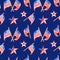 Patriotic decorative red, white and blue seamless pattern with US flags and stars on navy blue background. Memorial day