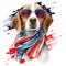 Patriotic Dog Bandana USA Flag, Beagle dog wearing sunglasses and scarf, Watercolor style isolated on white background.