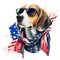 Patriotic Dog Bandana USA Flag, Beagle dog wearing sunglasses and scarf, Watercolor style isolated on white background.
