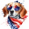 Patriotic Dog Bandana USA Flag, Beagle dog wearing sunglasses and scarf, Watercolor style isolated on white background.