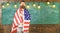 Patriotic education concept. Teacher teaches to love homeland, USA. Man with beard and mustache on serious face with