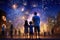 Patriotic family stands on the ground while watching the fireworks.