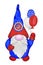 Patriotic gnome in american flag colors with balloons