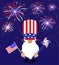 Patriotic Gnome to celebrate 4th of July Day with fireworks and a national flag