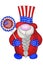 Patriotic gnome in Uncle Sam`s hat with ribbon rosette