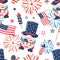 Patriotic gnomes with US Independence day holiday elements seamless pattern