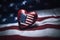 Patriotic heart on USA blurred flag background. Generate ai