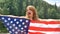 Patriotic holiday. Happy emotional woman with American flag on green forest background during summer day outdoors. USA