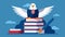 The patriotic image of a bald eagle perched atop a stack of officiallooking papers with a quill pen clutched in its