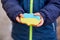 Patriotic little boy holds Ukrainian symbolic blue and yellow cookie. Mock up cookie. Stand with Ukraine. Support