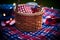 Patriotic Picnic Basket on Checkered Blanket with American Flag and Bold Lights