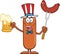 Patriotic Sausage Cartoon Character Holding A Beer And Weenie On A Fork