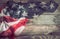 Patriotic symbols. American flag on an old wooden background