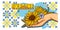 Patriotic Ukrainian Banner with traditional tribal ornament and hand holding bouquet of sunflowers and periwinkle.