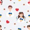 Patriotic Ukrainian seamless pattern. Cute Ukrainian boy and girl in traditional embroidered clothes in floral wreath