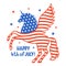 Patriotic unicorn silhouette with flag of the USA. Happy 4th of july card