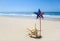 Patriotic USA background with starfish on the sandy beach