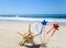 Patriotic USA background with starfish on the sandy beach