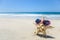 Patriotic USA background with starfish on the sandy beach