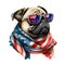 Patriotic USA Flag Pug wearing sunglasses and bandana