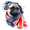 Patriotic USA Flag Pug wearing sunglasses and bandana