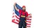 Patriotism and national pride are openly expressed. Bearded man holding national flag of the USA on white background