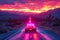 Patrol Car Advancing on Desert Highway at Sunset.