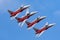 Patrouille Suisse formation display team of the Swiss Air Force flying Northrop F-5E fighter aircraft joined by the Swiss PC-7 tea