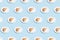 Pattern of apple pie slices on white plate on blue background. trendy food pattern with shadow