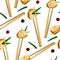 A pattern of Asian tamago omelet in Chinese sticks with a decoration of green onions and lingonberries. Seamless