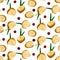 A pattern of Asian tamago omelet with a decoration of green onions and lingonberries. Seamless background with egg rolls