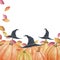 Pattern with autumn leaves and pumpkins in black hats for Halloween. Watercolor illustration. Vector