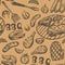 Pattern with barbecue food on craft paper. Grill hand drawn meat products on brown background. Grill Sketch Seamless texture.