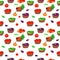 Pattern with baskets of vegetables. Seamless with farmer local products. Backgrounds with aubergine, carrots. Set with