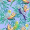Pattern with beautiful parrots and tropical flowers leaves. Summer Birds background Vector Illustration. exotic
