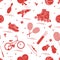 Pattern with bicycle, rollers, boxing gloves, water pistol and goods for bowling, table tennis, tennis, badminton, football,