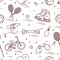 Pattern with bicycle, rollers, gyroscooter, boxing gloves, water pistol, and goods for bowling, table tennis, tennis, badminton,
