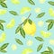 pattern on blue background with a fresh lemon in the center and lemon wedges and flowers for fabric, label drawing
