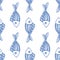 A pattern of blue fish in cartoon style. A hand-drawn small fish in the style of doodles, with a texture of stripes and