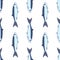 A pattern of blue sardines. Seamless drawing of a hand-drawn sketch of a small sardine fish, blue-gray with a blue outline, side