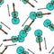 Pattern of blue violin and bow. seamless pattern of musical instrument in doodle style, violin with bow, top view, turquoise on
